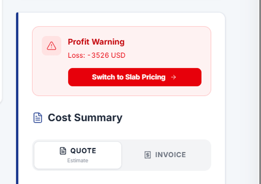 StoneHub Profit Warning alert screen, warning sales estimators to switch from square-foot quoting to slab pricing due to material waste.