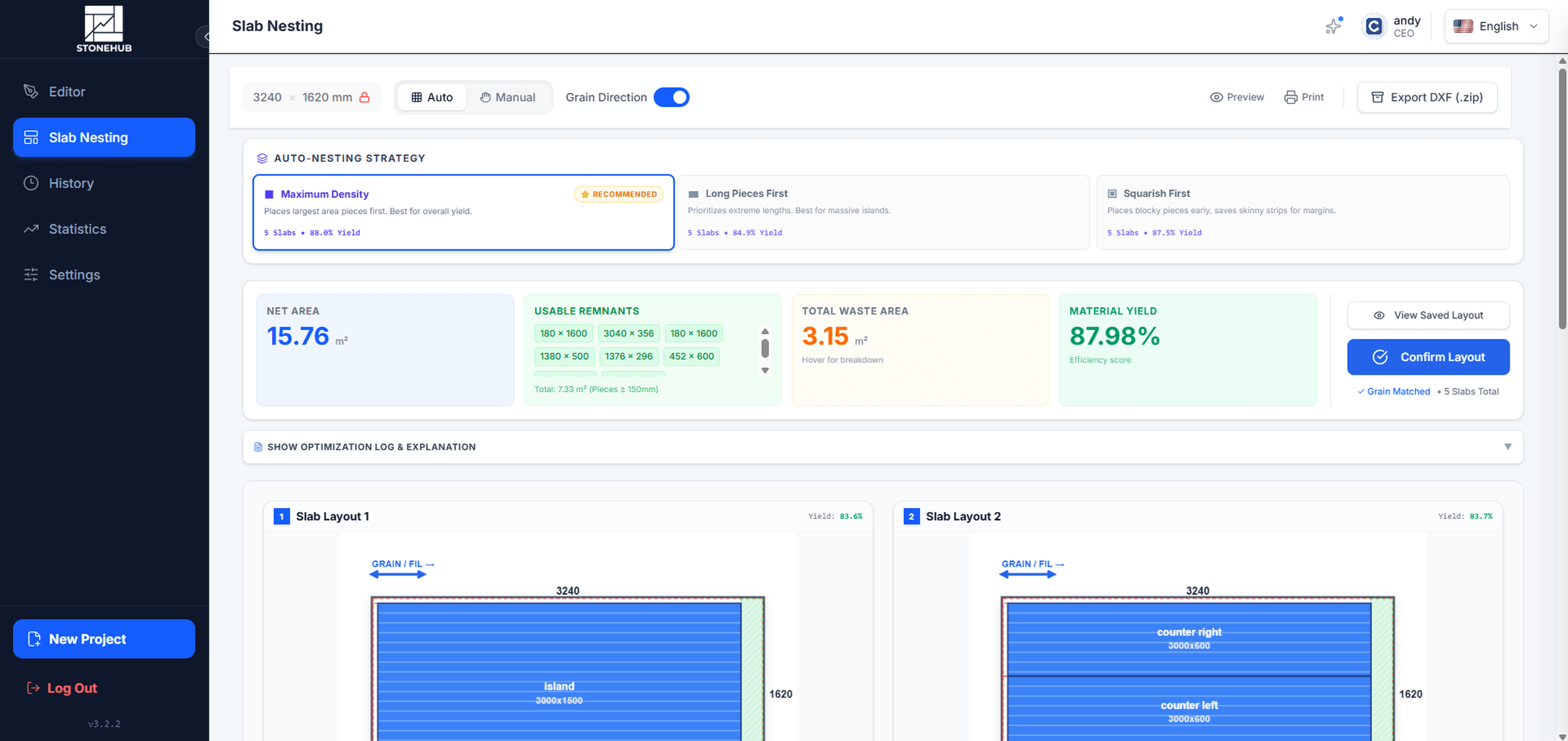 StoneHub Smart Slab Auto-Nesting Yield Optimization Interface