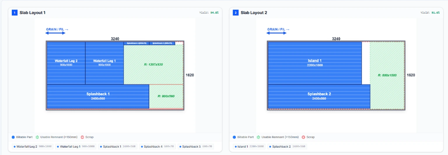StoneHub 2D slab layout diagrams with green hatched usable remnant bounding boxes