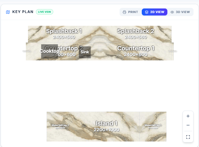 StoneHub 2D Key Plan showing live vein mapping across splashbacks and island pieces