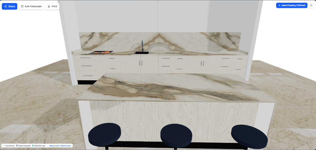 StoneHub 3D client showroom view displaying mirrored butterfly veining on the full-height kitchen splashback