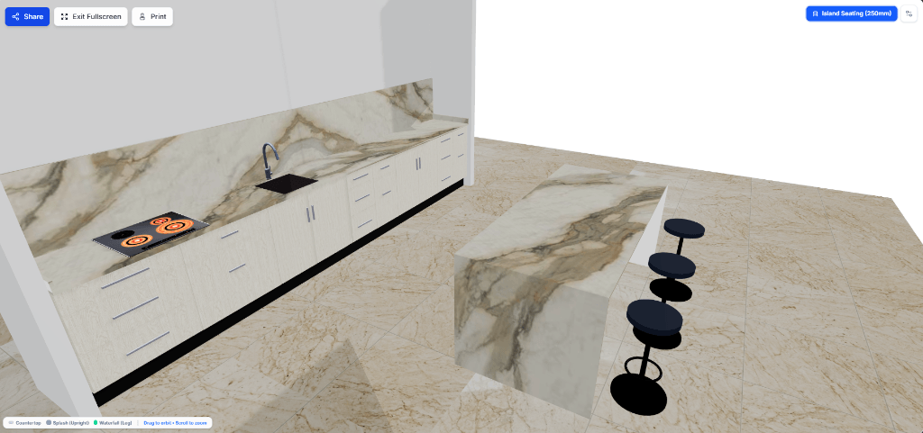 Interactive 3D showroom view showing active cooktop, sink run, upright backsplashes, and waterfall island