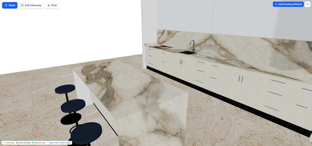 Real-time 3D simulation of a 45-degree miter waterfall fold with continuous vein ribbons down the vertical leg