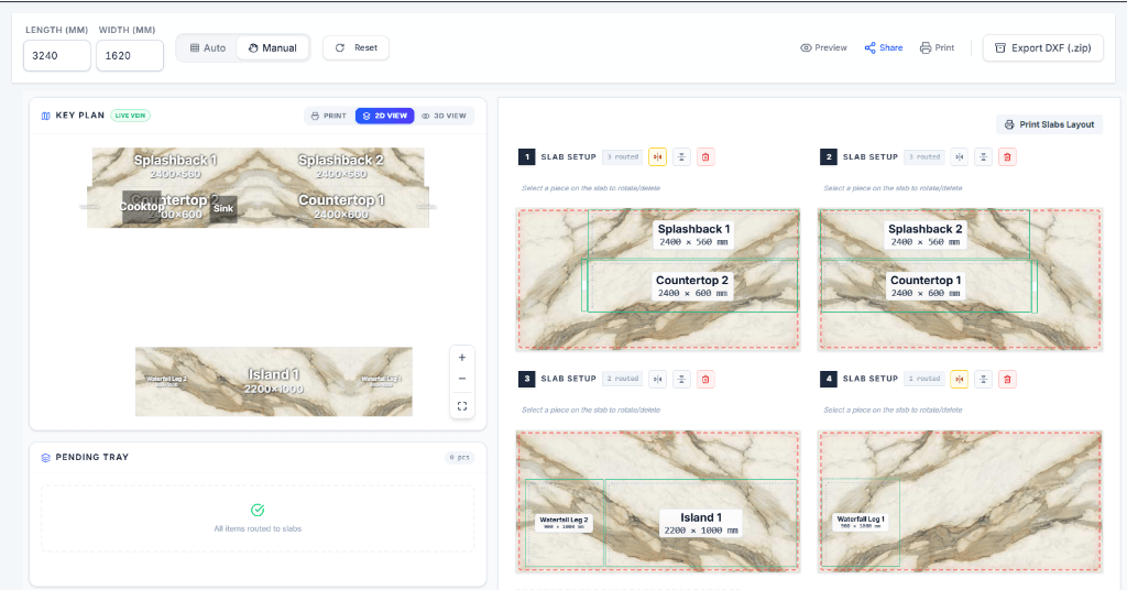 StoneHub 4-Slab Digital Nesting Studio and 2D Live Vein Key Plan Interface